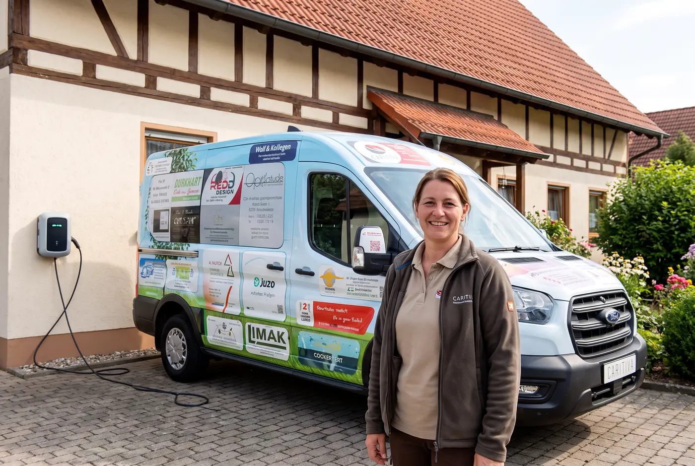 Ein beschriftetes Elektro-Kleinfahrzeug einer Sozialstation vor einem Wohnhaus, eine Pflegekraft steigt gerade ein, sonniger Tag.