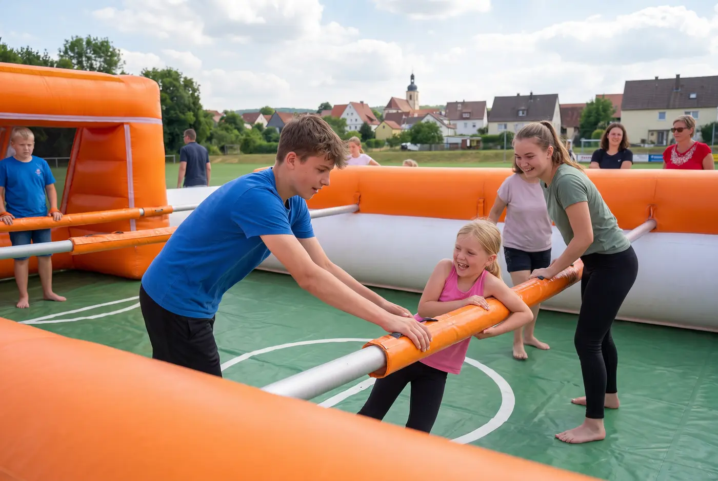 Kinder und Jugendliche beim Spiel an einem aufblasbaren Menschenkicker auf einem Sportfest, Betreuerinnen jubeln am Spielfeldrand.