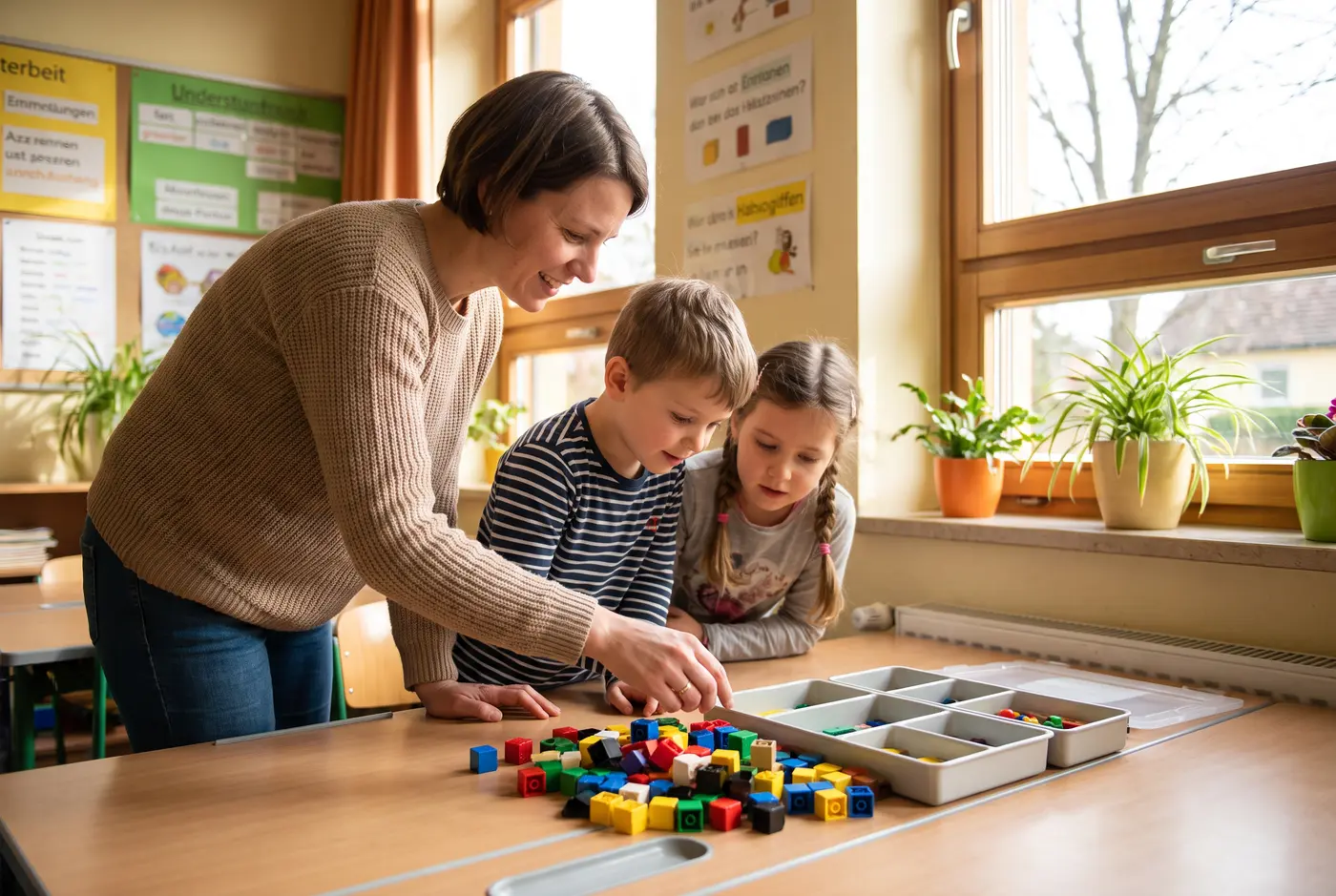 Helle Schulaula mit einem farbigen Leitsystem an den Wänden, Kinder gehen zwischen den Bereichen hindurch.