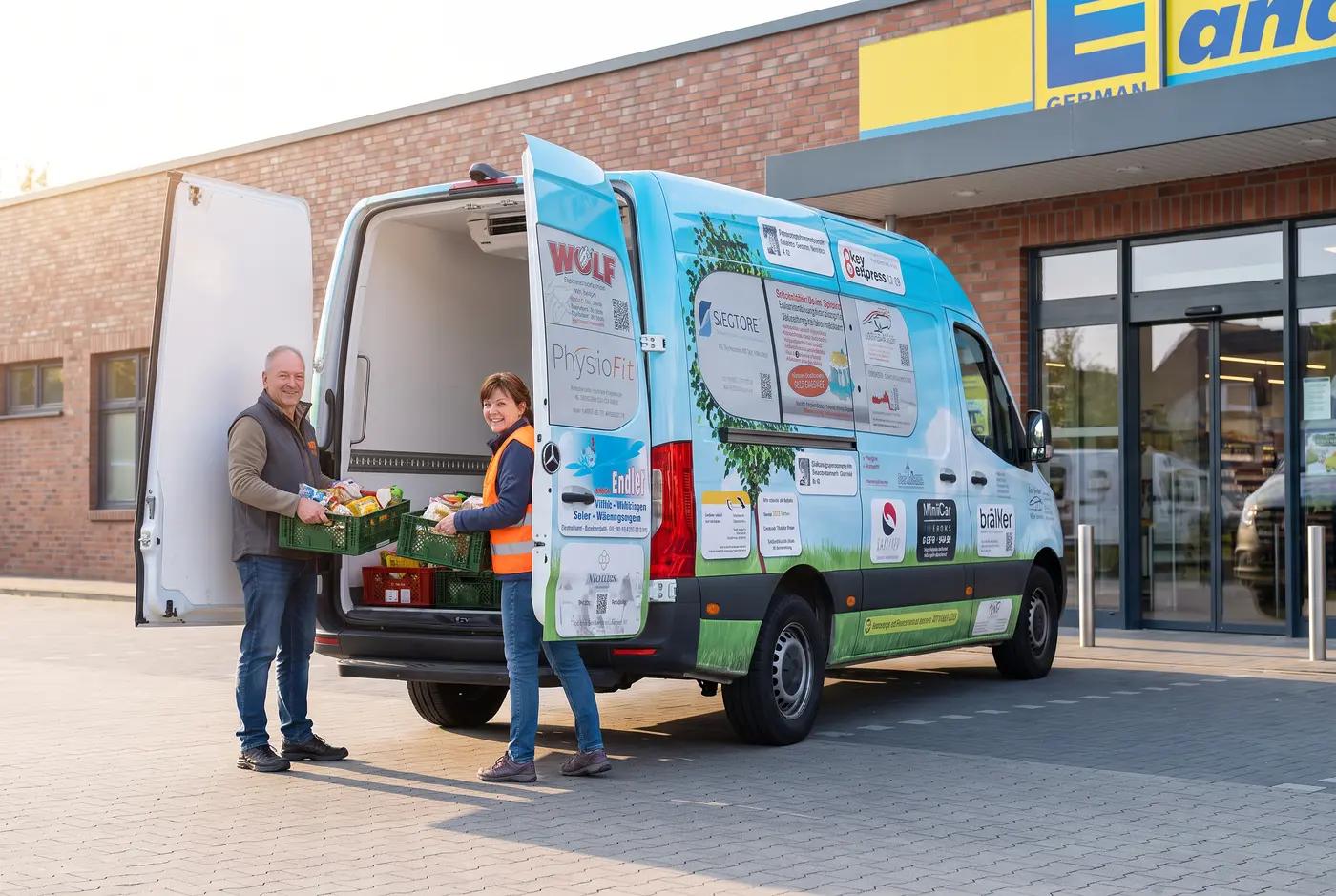Ein weißes Kühlfahrzeug mit dezenten Werbeflächen wird am frühen Morgen vor einem Supermarkt beladen, Helfende von hinten mit Transportkisten, weiches Morgenlicht.