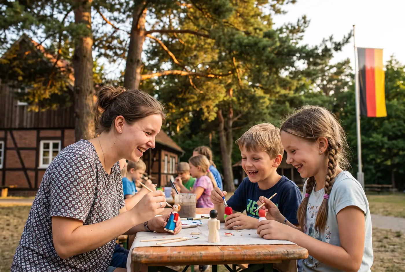 Menschen unterschiedlichen Alters bei einer sozialen Ferienfreizeit, im Hintergrund ein Kleinbus, Betreuende und Kinder gemeinsam aktiv.